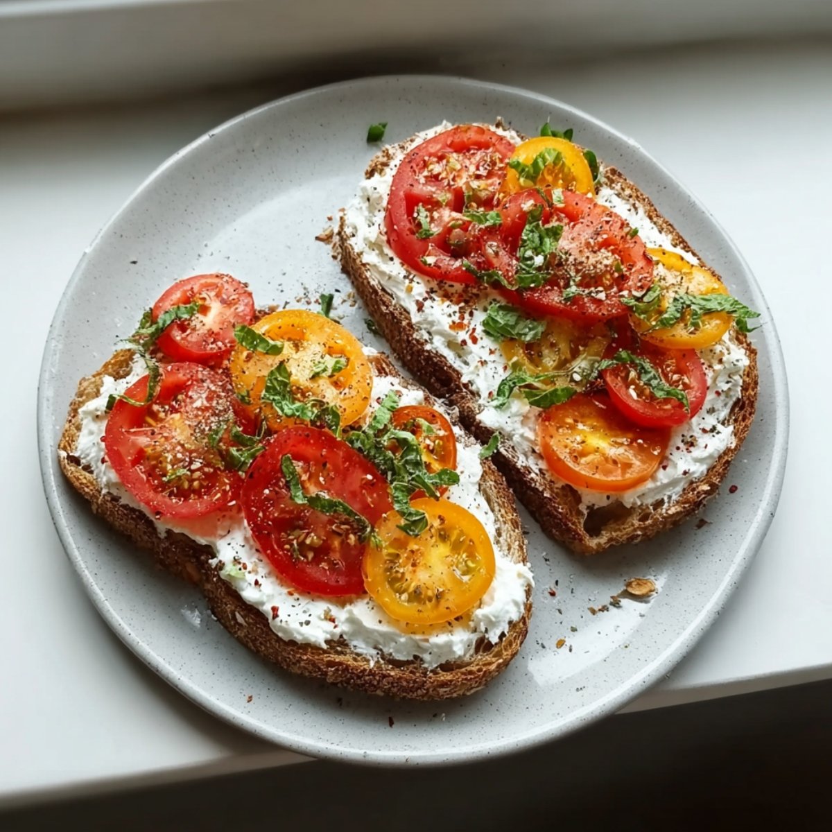 Overhead view of two slices of golden-toasted whole grain bread generously spread with fluffy white cottage cheese, topped with a colorful mix of sliced red and yellow cherry tomatoes, fresh chopped herbs, red chili flakes, and cracked black pepper, served on a speckled white ceramic plate resting on a bright white windowsill.