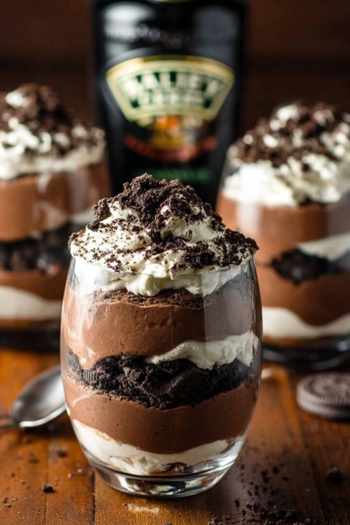 Three elegant stemless glass parfaits filled with alternating layers of silky Baileys chocolate mousse, whipped cream, and crushed Oreo cookie crumbles, topped with swirled whipped cream and a generous dusting of dark cookie crumbs, arranged on a rustic dark wooden surface with a silver spoon, an Oreo cookie, and a bottle of Baileys Irish Cream softly blurred in the warm background.