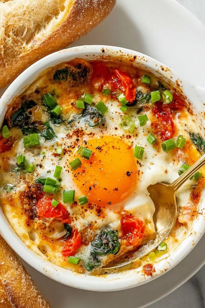 Overhead view of a white ramekin filled with baked feta eggs featuring a runny golden egg yolk nestled in melted feta cheese with blistered cherry tomatoes, wilted spinach, cracked black pepper, and sliced green onions, with a gold spoon resting in the dish, served on a white plate alongside two slices of crusty toasted baguette on a white marble surface.