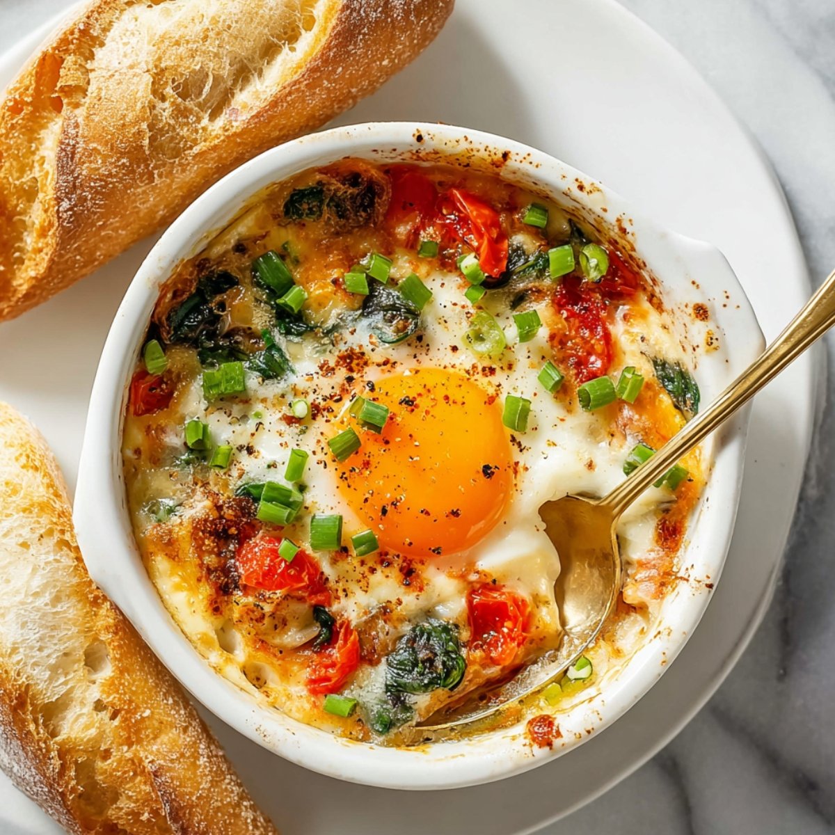 Overhead view of a white ramekin filled with baked feta eggs featuring a runny golden egg yolk nestled in melted feta cheese with blistered cherry tomatoes, wilted spinach, cracked black pepper, and sliced green onions, with a gold spoon resting in the dish, served on a white plate alongside two slices of crusty toasted baguette on a white marble surface.