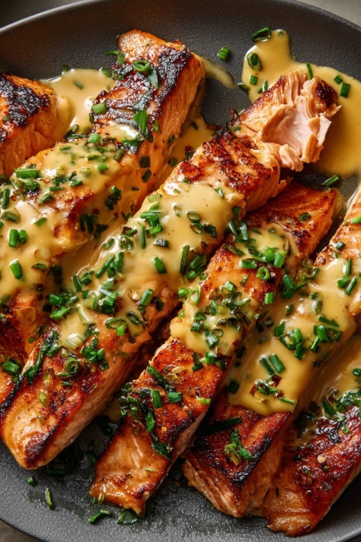 "Seared Bang Bang Salmon fillets drizzled with creamy bang bang sauce and topped with fresh chopped chives, served on a dark plate."