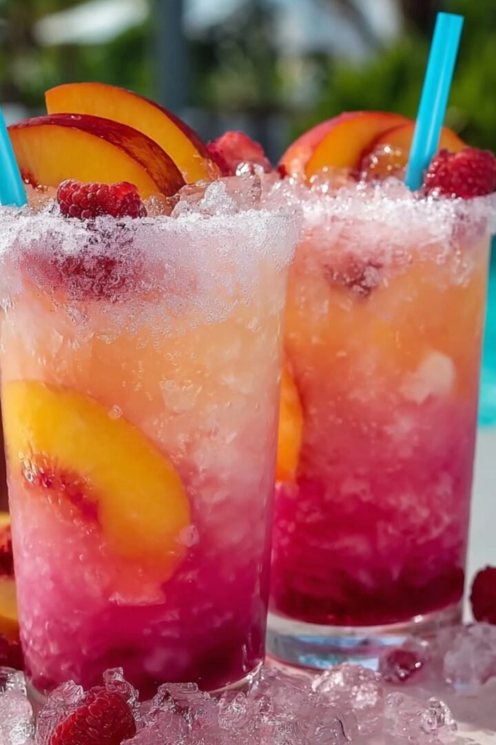 Two icy beach peach lemonade cocktails with a pink-to-peach ombre gradient, sugared rims, fresh peach slices, raspberries, and blue straws, served poolside with crushed ice, fresh peaches, and scattered raspberries.