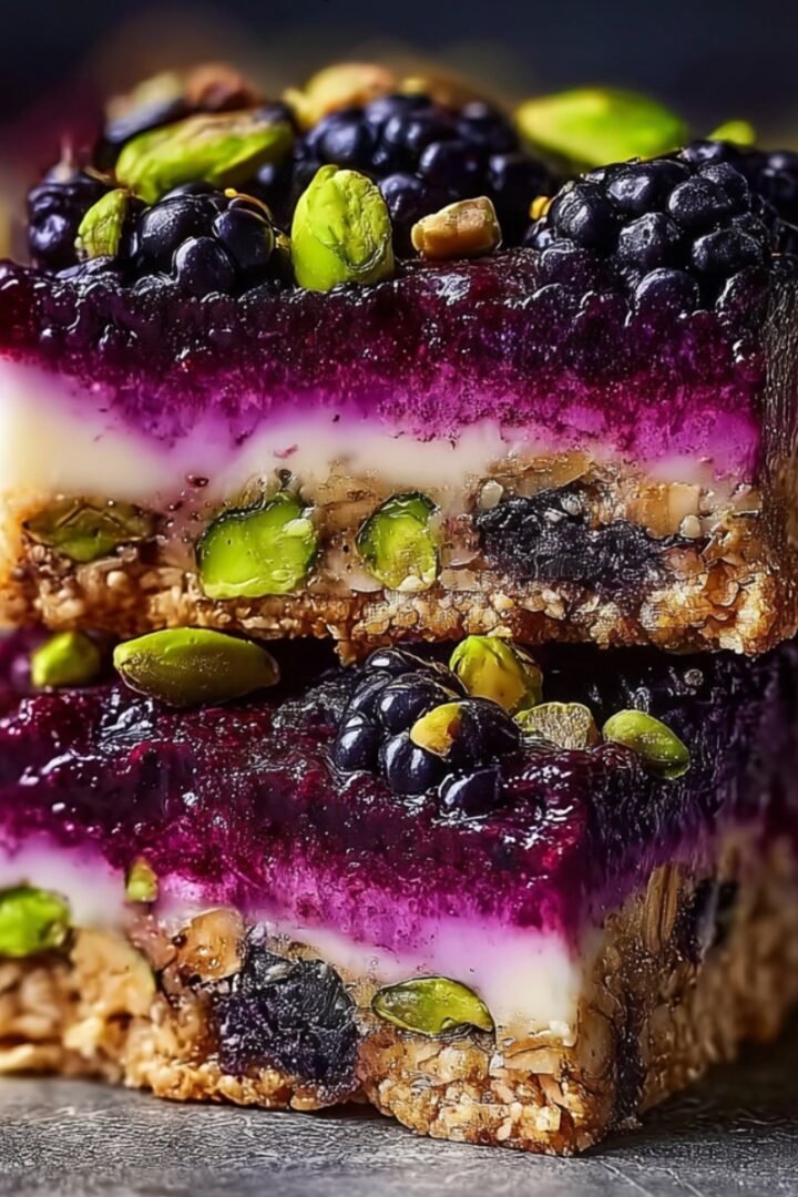 Close-up of two stacked blackberry pistachio dream bars revealing beautiful distinct layers — a chunky oat and pistachio base crust, a creamy white filling layer, a vibrant deep magenta blackberry layer, and a glossy dark blackberry compote top studded with whole fresh blackberries and bright green pistachio nuts, on a dark gray stone surface with a warm bokeh background.