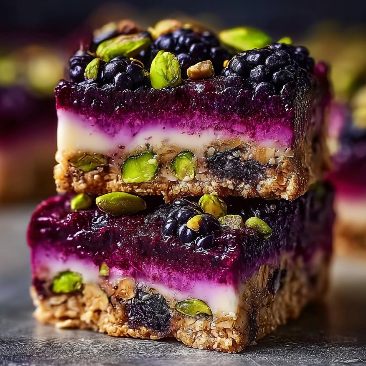 Close-up of two stacked blackberry pistachio dream bars revealing beautiful distinct layers — a chunky oat and pistachio base crust, a creamy white filling layer, a vibrant deep magenta blackberry layer, and a glossy dark blackberry compote top studded with whole fresh blackberries and bright green pistachio nuts, on a dark gray stone surface with a warm bokeh background.