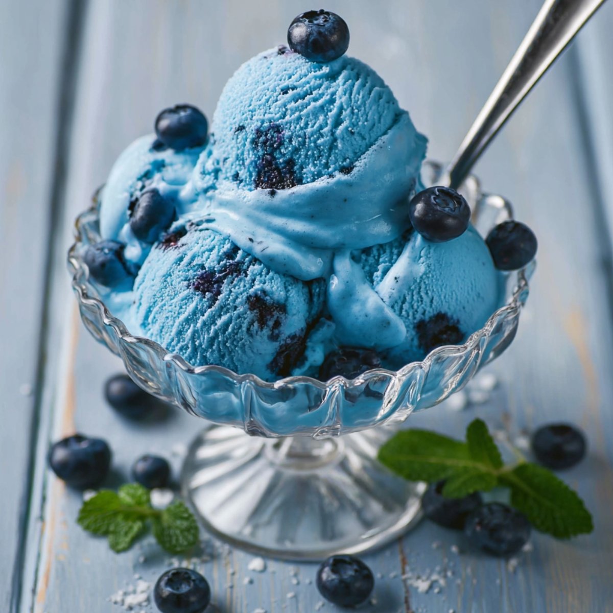 Scoops of vibrant blue ice cream with blueberry swirls served in a crystal glass dessert dish, topped with fresh blueberries and a spoon, with mint leaves and scattered blueberries on a light blue wooden surface.