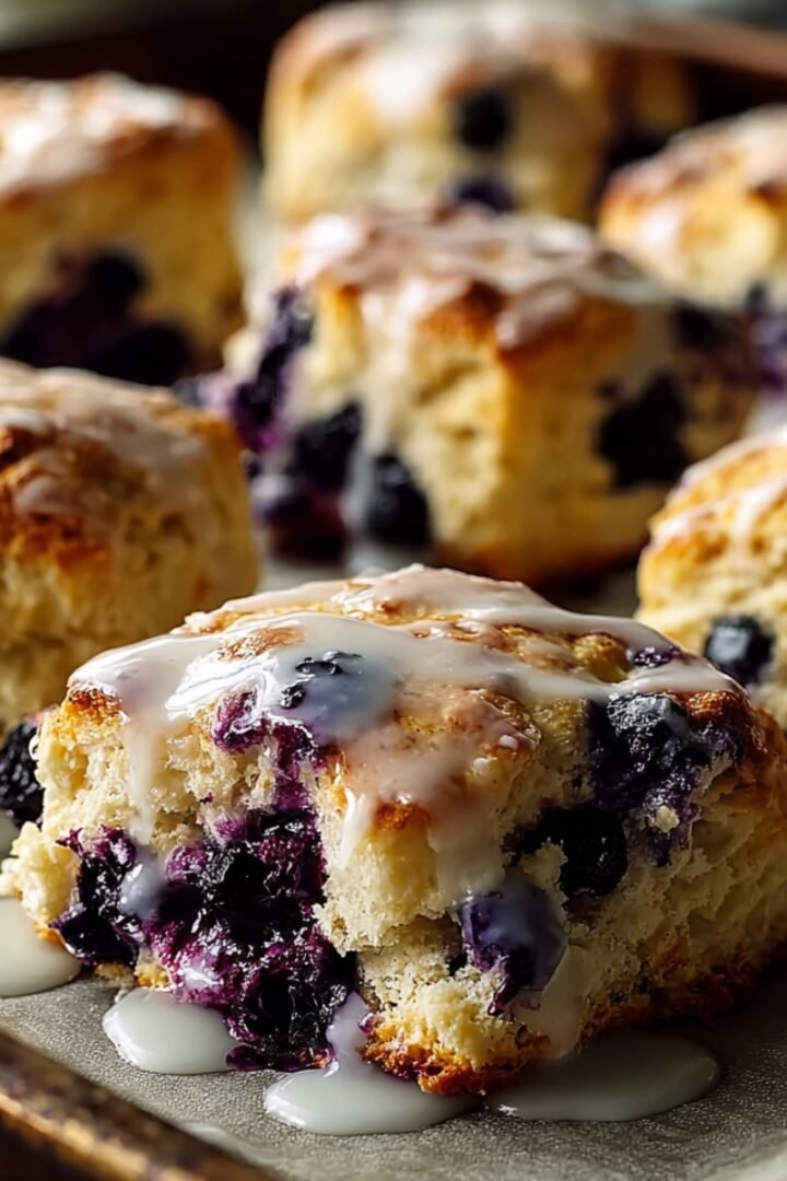 Close-up of golden-baked blueberry biscuits on a parchment-lined baking tray, the foreground biscuit bursting with deeply stained purple-blue blueberries and generously drizzled with a thin white vanilla glaze pooling onto the parchment, with additional glazed blueberry biscuits softly blurred in the background on a rustic dark baking pan.
