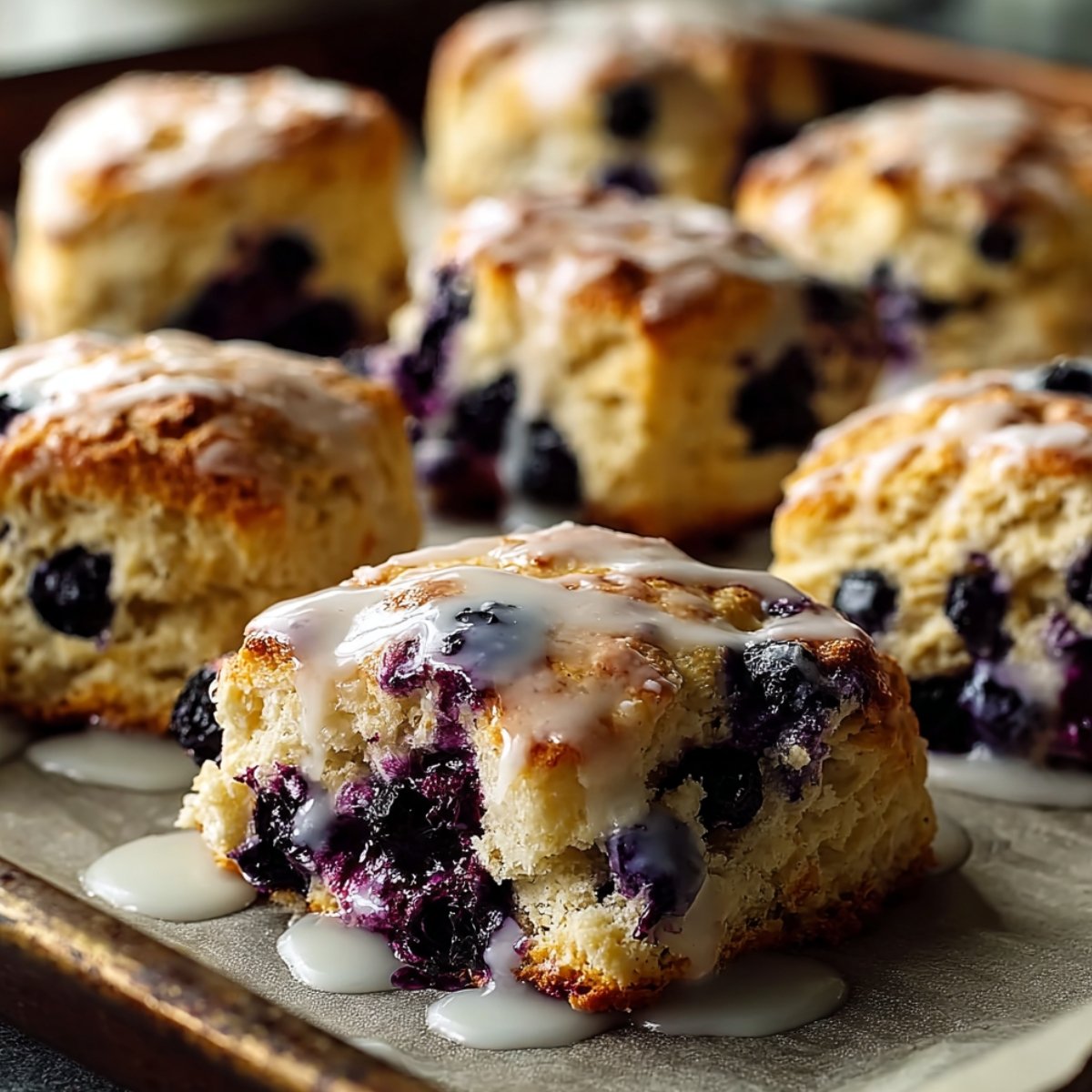 Close-up of golden-baked blueberry biscuits on a parchment-lined baking tray, the foreground biscuit bursting with deeply stained purple-blue blueberries and generously drizzled with a thin white vanilla glaze pooling onto the parchment, with additional glazed blueberry biscuits softly blurred in the background on a rustic dark baking pan.