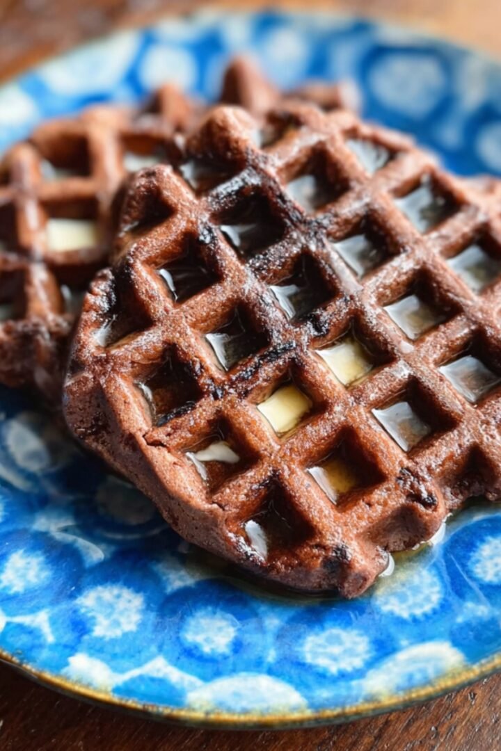 Two rich chocolate Brownie Waffles drizzled with syrup and melted butter, served on a blue patterned plate.