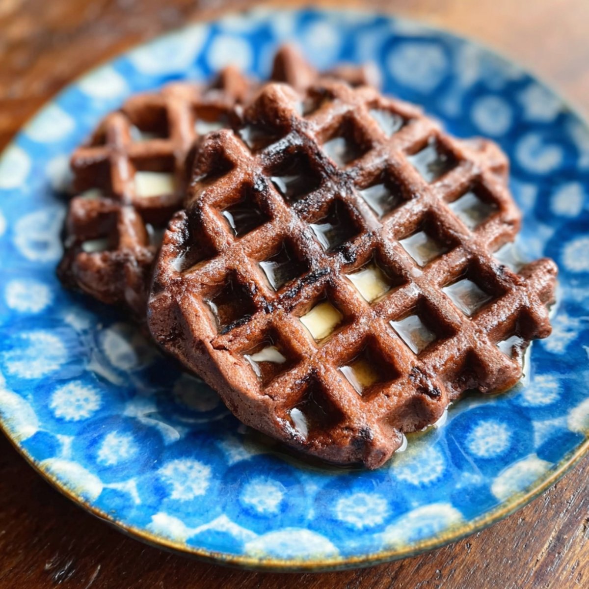 Two rich chocolate Brownie Waffles drizzled with syrup and melted butter, served on a blue patterned plate.