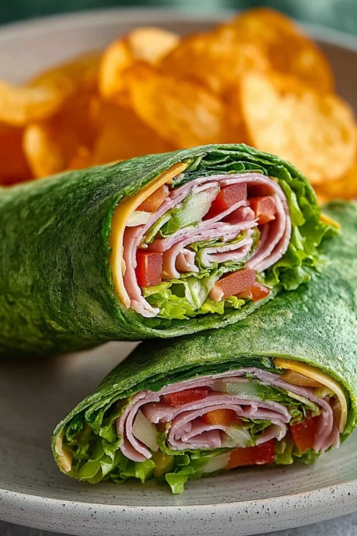 Two halves of a spinach flour tortilla wrap stacked on a speckled ceramic plate, revealing a colorful cross-section filled with sliced ham, diced red tomatoes, shredded lettuce, and yellow cheese, with the vibrant green tortilla tightly rolled around the fillings, served alongside a pile of golden crispy potato chips, on a surface with a green and white cloth in the background.