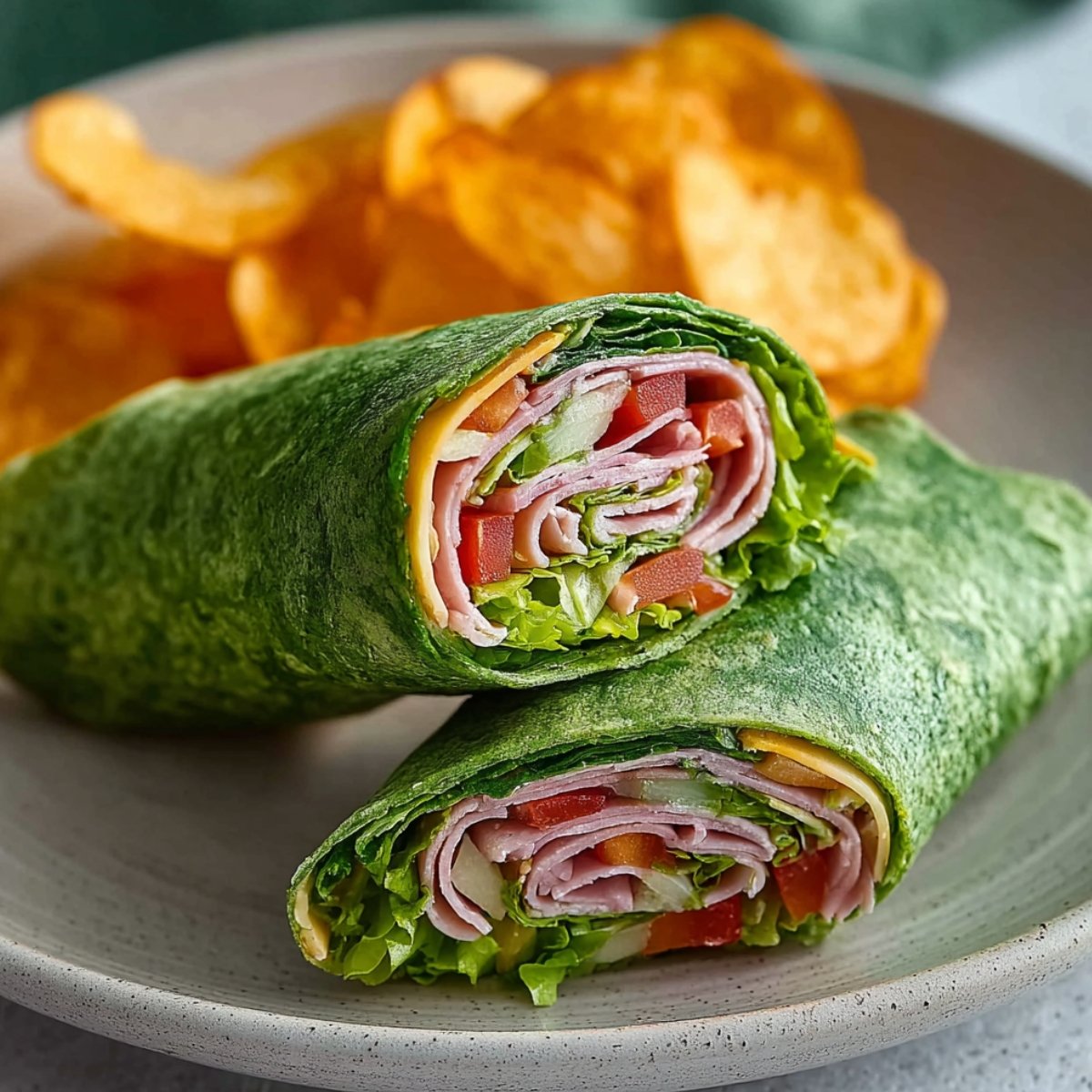 Two halves of a spinach flour tortilla wrap stacked on a speckled ceramic plate, revealing a colorful cross-section filled with sliced ham, diced red tomatoes, shredded lettuce, and yellow cheese, with the vibrant green tortilla tightly rolled around the fillings, served alongside a pile of golden crispy potato chips, on a surface with a green and white cloth in the background.