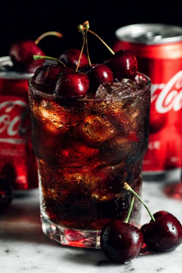 A dramatic dark-styled rocks glass filled with a deep cola-colored cherry coke margarita packed with ice, overflowing with glossy fresh dark cherries on stems, surrounded by scattered fresh cherries on a white marble surface, with two red Coca-Cola cans visible in the background against a black backdrop.