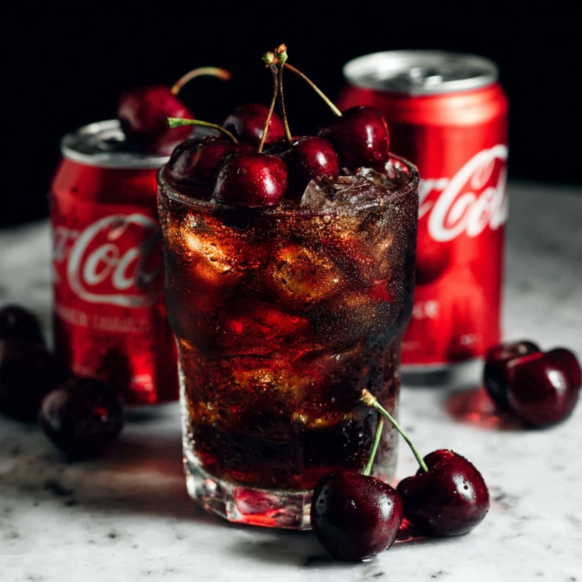A dramatic dark-styled rocks glass filled with a deep cola-colored cherry coke margarita packed with ice, overflowing with glossy fresh dark cherries on stems, surrounded by scattered fresh cherries on a white marble surface, with two red Coca-Cola cans visible in the background against a black backdrop.
