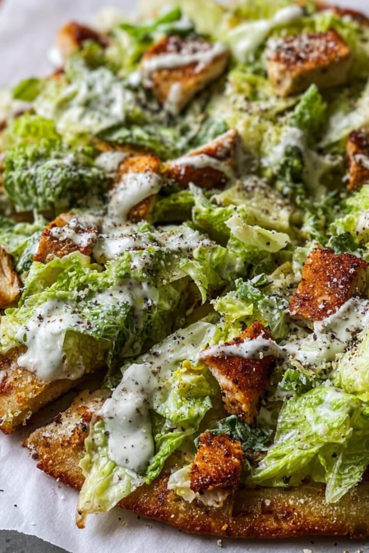 A round chicken crust Caesar salad pizza on white parchment paper, featuring a golden-brown crispy chicken crust base pre-sliced into wedges, piled high with chopped fresh romaine lettuce, seasoned grilled chicken pieces, drizzled with creamy white Caesar dressing, dusted with grated parmesan and cracked black pepper, on a gray surface with a wooden cutting board partially visible in the background.