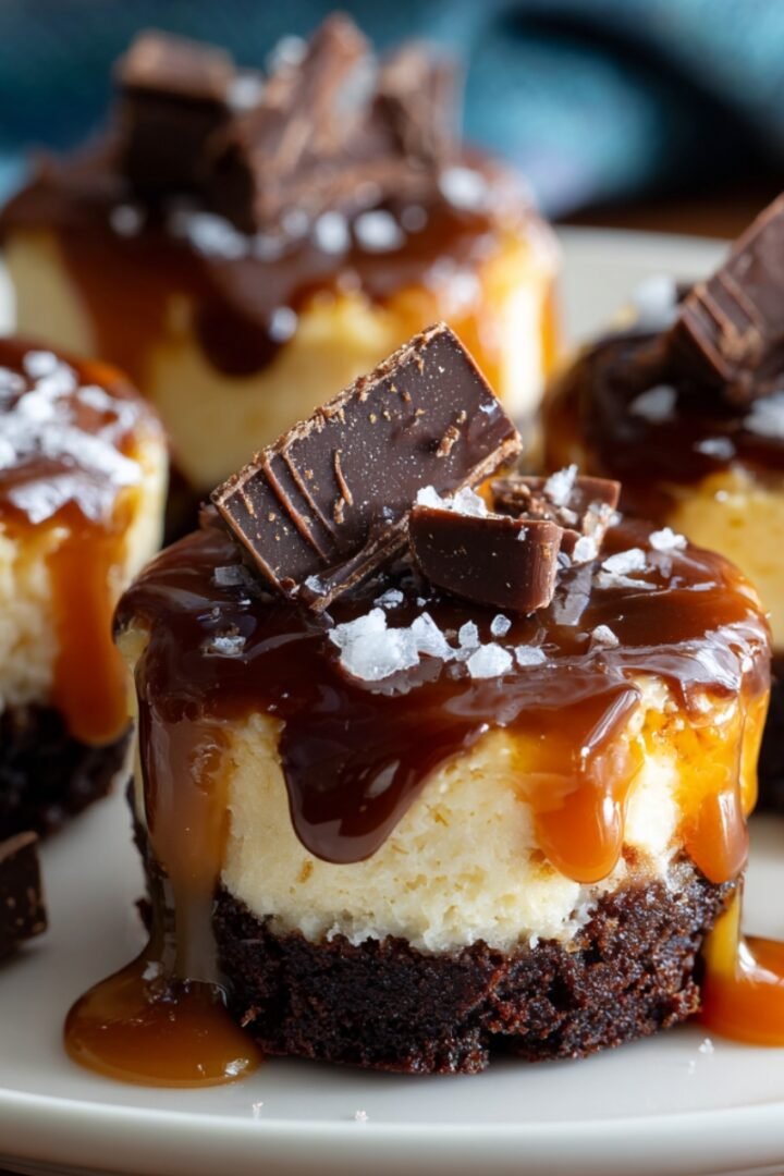 Close-up of several mini chocolate caramel cheesecake bites on a white plate, each featuring a dark chocolate brownie base topped with a creamy vanilla cheesecake layer, generously drizzled with glossy amber caramel sauce and dark chocolate sauce, garnished with chunky dark chocolate pieces and flaky sea salt, with caramel pooling onto the plate and a teal linen napkin softly blurred in the background.