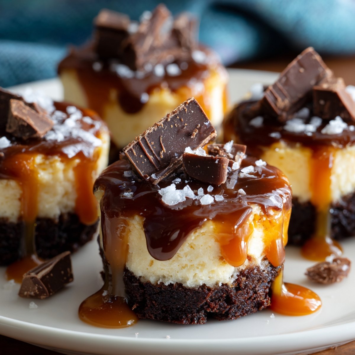 Close-up of several mini chocolate caramel cheesecake bites on a white plate, each featuring a dark chocolate brownie base topped with a creamy vanilla cheesecake layer, generously drizzled with glossy amber caramel sauce and dark chocolate sauce, garnished with chunky dark chocolate pieces and flaky sea salt, with caramel pooling onto the plate and a teal linen napkin softly blurred in the background.