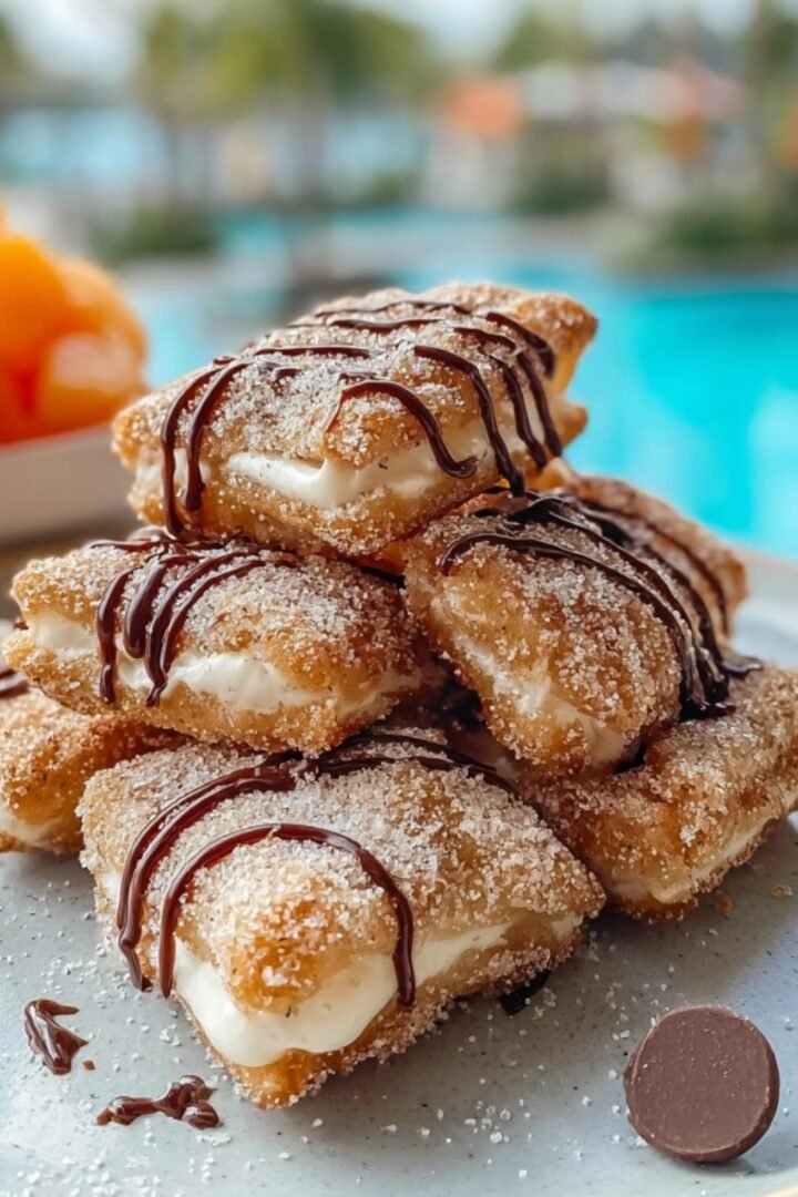 A stack of golden cinnamon-sugar coated churro toffee squares filled with white cream and drizzled with dark chocolate, served on a plate with chocolate chips scattered around, and a blurred poolside background.