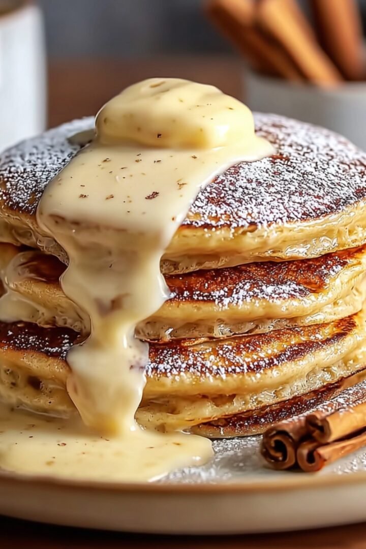 A tall stack of golden cinnamon roll pancakes on a cream ceramic plate, dusted with powdered sugar and dramatically drizzled with a thick cascading cream cheese glaze pooling onto the plate, garnished with two cinnamon sticks alongside, with white mugs and a cup of cinnamon sticks softly blurred in the warm background.