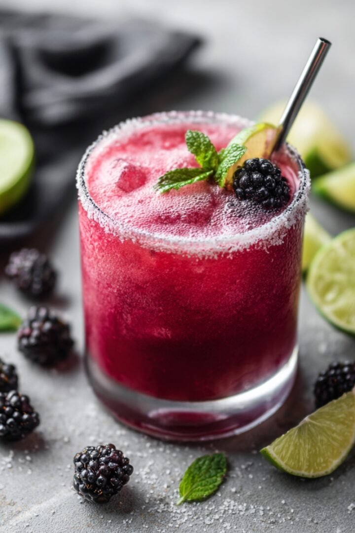 A close-up shot of a vibrant, deep purple "Creamy Blackberry Coconut Mojito" in a clear glass with a sugar-rimmed border and a metal straw. The frothy drink is garnished with a fresh blackberry, a sprig of mint, and a lime wedge. The glass sits on a textured grey surface scattered with fresh blackberries, lime slices, mint leaves, and a dusting of sugar, with a softly blurred background.