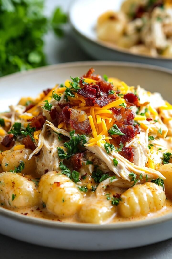 A white ceramic bowl filled with pillowy potato gnocchi bathed in a creamy ranch-seasoned sauce, topped with a generous mound of shredded chicken, crispy bacon crumbles, shredded cheddar cheese, and chopped fresh parsley, with a second serving and fresh parsley bunch softly blurred in the background on a gray surface.
