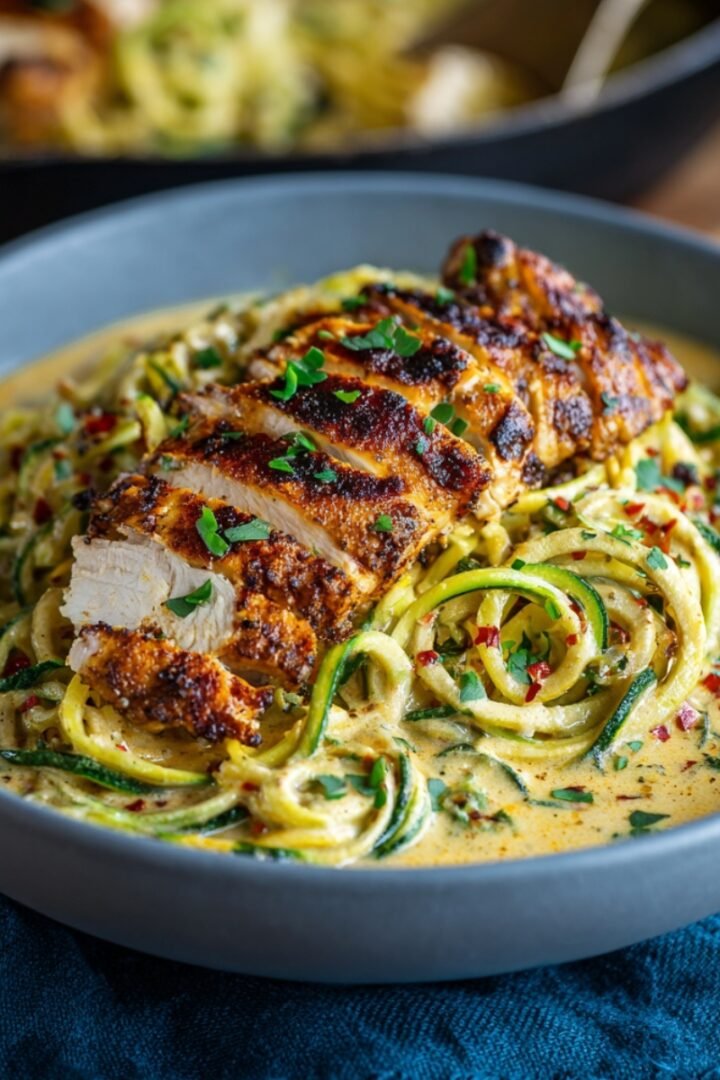 A gray wide-rimmed bowl filled with spiralized zucchini noodles bathed in a golden creamy Alfredo sauce, topped with a sliced blackened chicken breast showing a juicy interior, garnished with fresh chopped parsley and red chili flakes. The dish is placed on a teal blue linen napkin on a rustic wooden surface, with a blurred skillet of the same dish visible in the background.