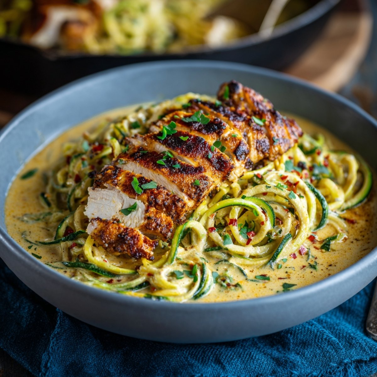 A gray wide-rimmed bowl filled with spiralized zucchini noodles bathed in a golden creamy Alfredo sauce, topped with a sliced blackened chicken breast showing a juicy interior, garnished with fresh chopped parsley and red chili flakes. The dish is placed on a teal blue linen napkin on a rustic wooden surface, with a blurred skillet of the same dish visible in the background.