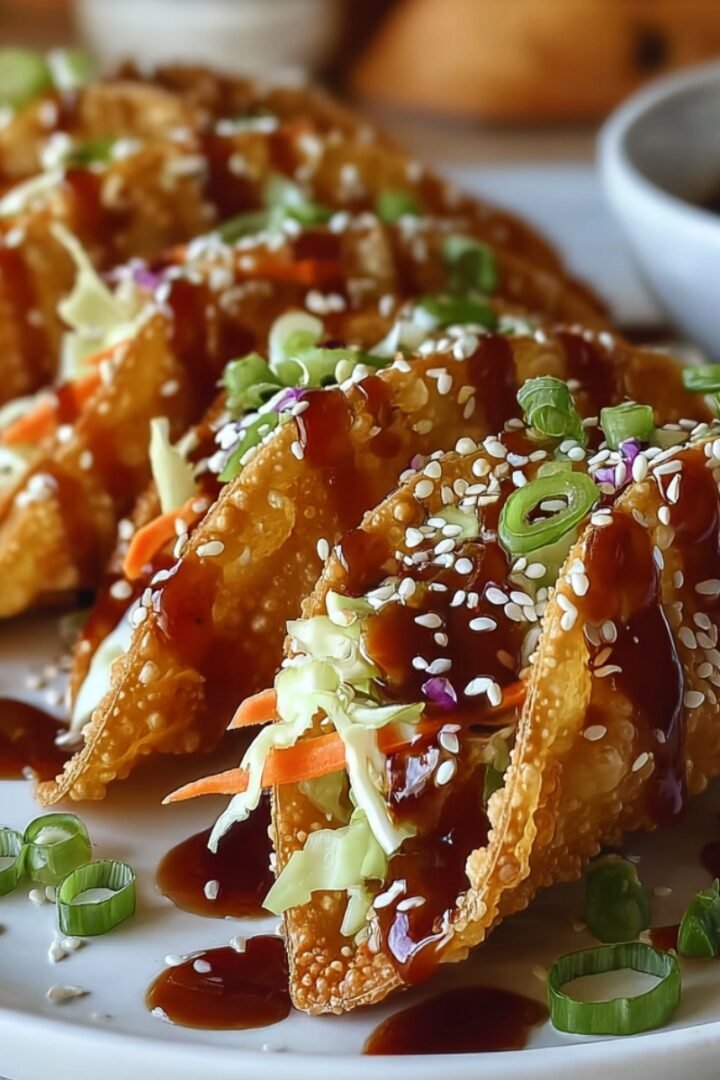 Golden crispy wonton taco shells filled with shredded cabbage and carrots, drizzled with dark teriyaki sauce, and topped with sliced green onions and sesame seeds, served on a white plate with a dipping sauce bowl in the background.