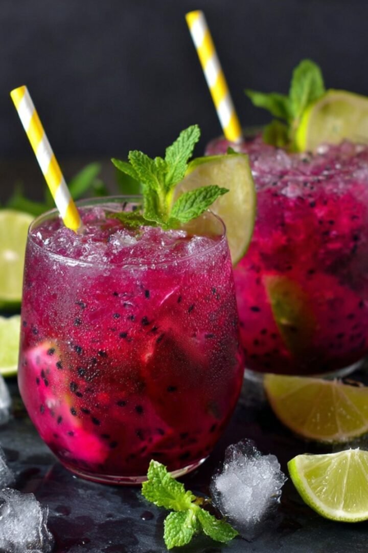 Two stemless glasses filled with vibrant magenta dragon fruit mojitos packed with crushed ice and chunks of pink dragon fruit with visible black seeds, each garnished with a lime wedge, fresh mint sprig, and yellow and white striped paper straw, arranged on a dark slate board surrounded by scattered ice cubes, lime wedges, and fresh mint leaves against a dark background.