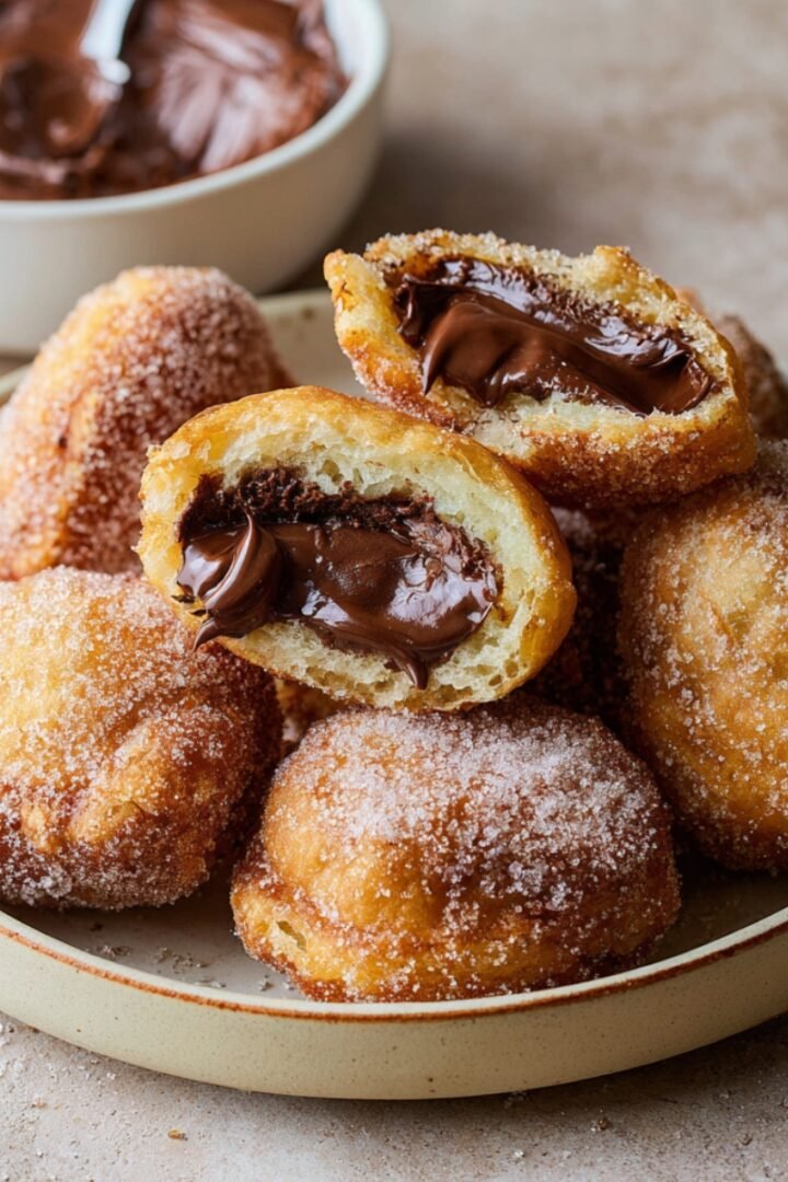 A ceramic plate piled with golden deep-fried Nutella pancake sandwiches coated in granulated sugar, with two pieces broken open in the center revealing a gooey flowing dark chocolate hazelnut filling, served alongside a white bowl of creamy chocolate hazelnut spread on a warm beige surface.