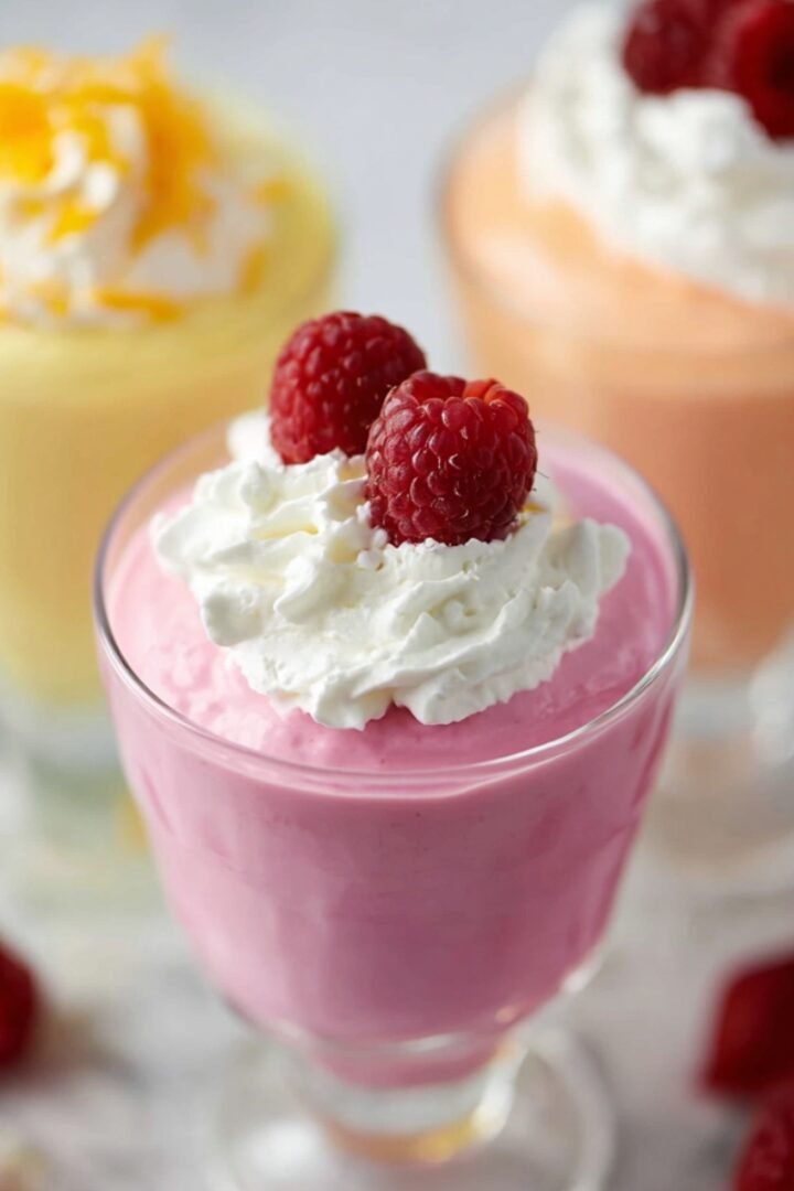 Three colorful Greek yogurt jello desserts served in clear glass cups, featuring a vibrant pink raspberry flavor in the foreground topped with whipped cream and fresh raspberries, a soft peach orange flavor in the middle background also topped with whipped cream and raspberries, and a pale yellow lemon flavor in the far background garnished with whipped cream and lemon zest, with scattered fresh raspberries and rose petals decorating the white marble surface.