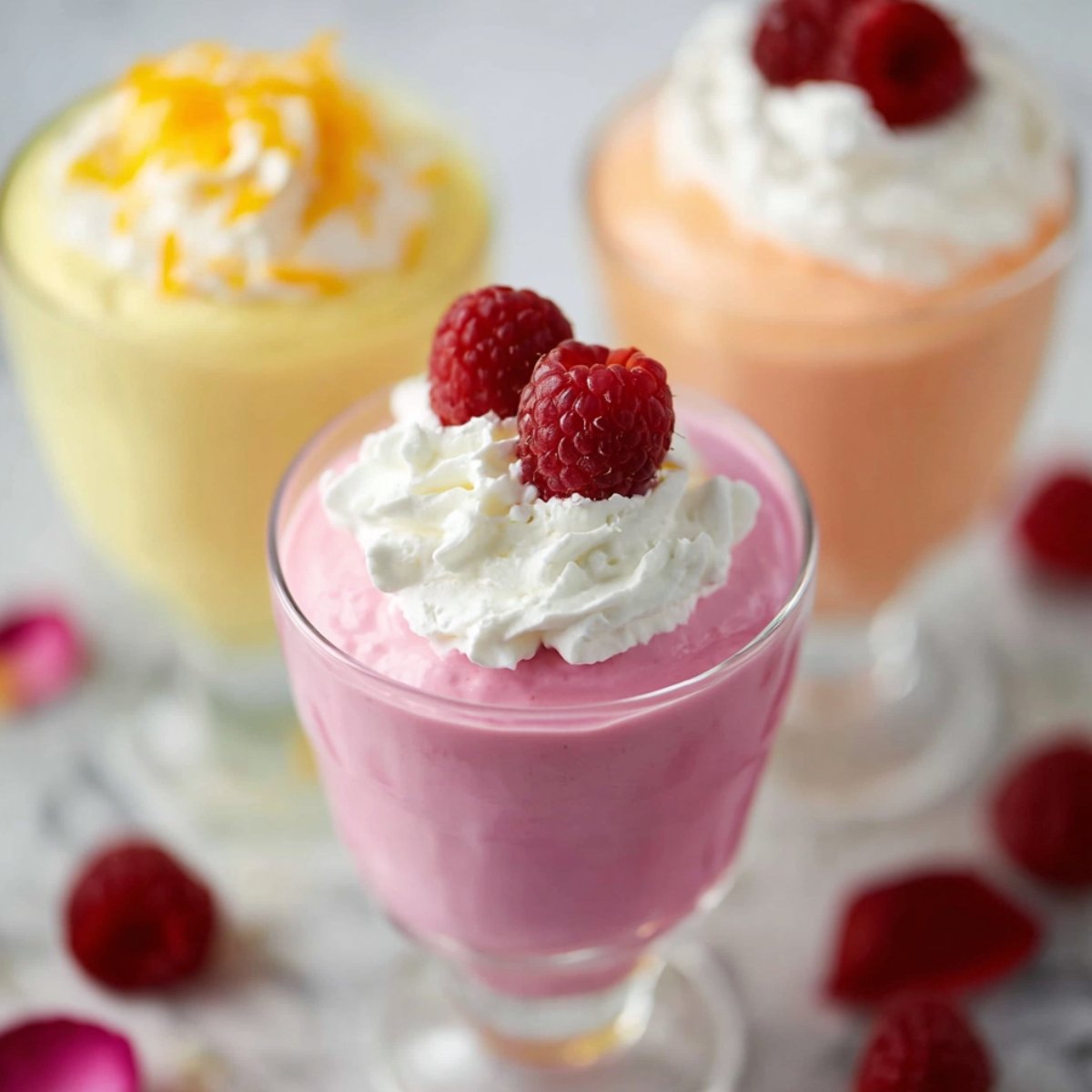 Three colorful Greek yogurt jello desserts served in clear glass cups, featuring a vibrant pink raspberry flavor in the foreground topped with whipped cream and fresh raspberries, a soft peach orange flavor in the middle background also topped with whipped cream and raspberries, and a pale yellow lemon flavor in the far background garnished with whipped cream and lemon zest, with scattered fresh raspberries and rose petals decorating the white marble surface.
