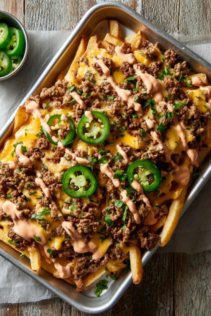 Overhead view of hearty smash burger fries in a metal tray lined with parchment, loaded with crispy fries, melted cheddar cheese, seasoned ground beef, sliced jalapeños, and a drizzle of burger sauce, garnished with fresh parsley, with a small bowl of jalapeño slices alongside on a rustic wooden surface.