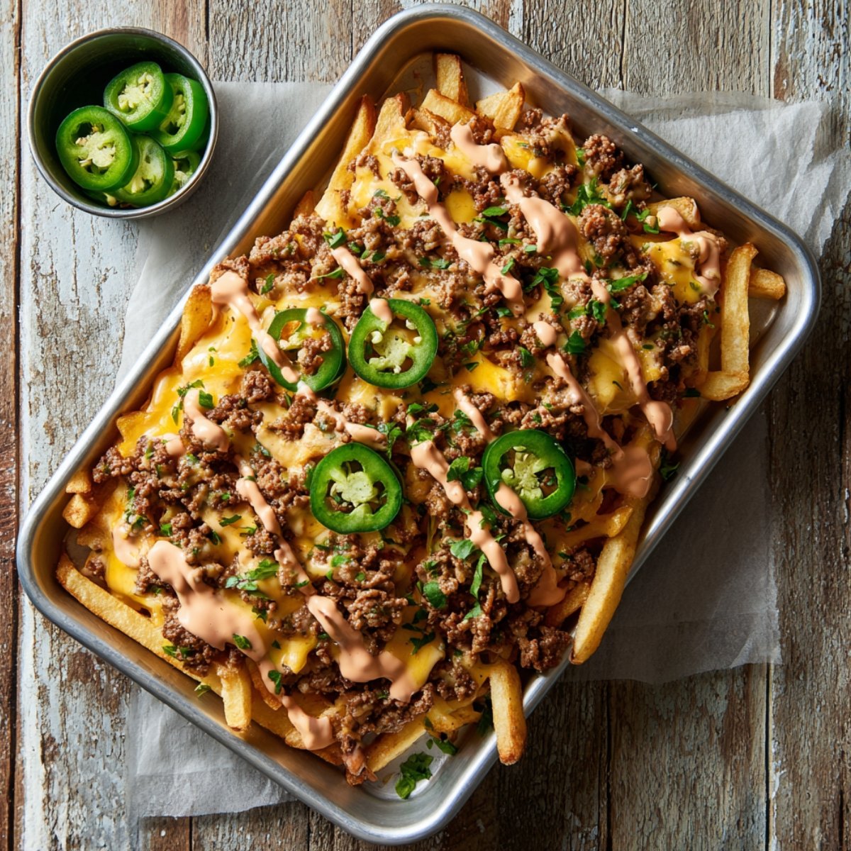 Overhead view of hearty smash burger fries in a metal tray lined with parchment, loaded with crispy fries, melted cheddar cheese, seasoned ground beef, sliced jalapeños, and a drizzle of burger sauce, garnished with fresh parsley, with a small bowl of jalapeño slices alongside on a rustic wooden surface.
