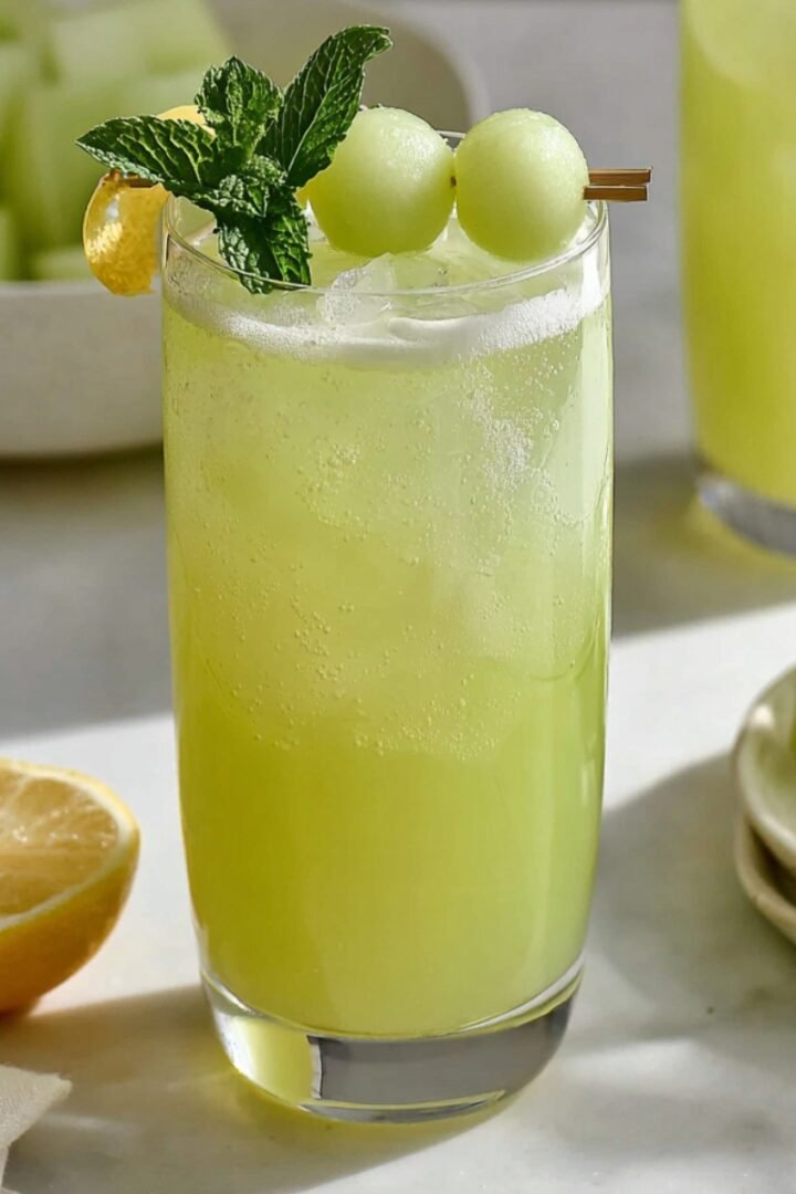 A tall clear highball glass filled with a refreshing pale chartreuse green honeydew lemonade with ice, garnished with a gold cocktail skewer holding two honeydew melon balls and a fresh mint sprig, with a halved lemon beside it on a light linen napkin, a small plate of cubed honeydew melon, and a pitcher of the same drink partially visible on a bright white marble surface with a bowl of honeydew cubes softly blurred in the background.