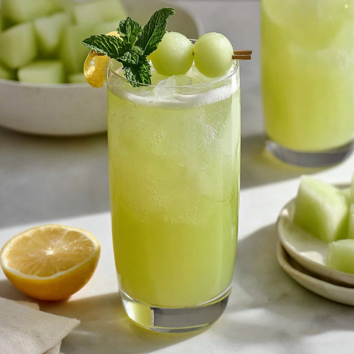 A tall clear highball glass filled with a refreshing pale chartreuse green honeydew lemonade with ice, garnished with a gold cocktail skewer holding two honeydew melon balls and a fresh mint sprig, with a halved lemon beside it on a light linen napkin, a small plate of cubed honeydew melon, and a pitcher of the same drink partially visible on a bright white marble surface with a bowl of honeydew cubes softly blurred in the background.