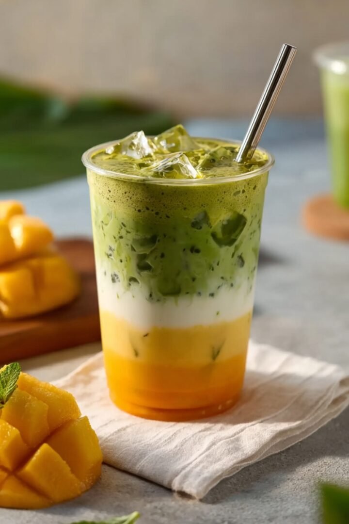 A layered Iced Mango Matcha Latte with vibrant green matcha over creamy milk and golden mango layers, served with a metal straw and fresh mango chunks on the side.