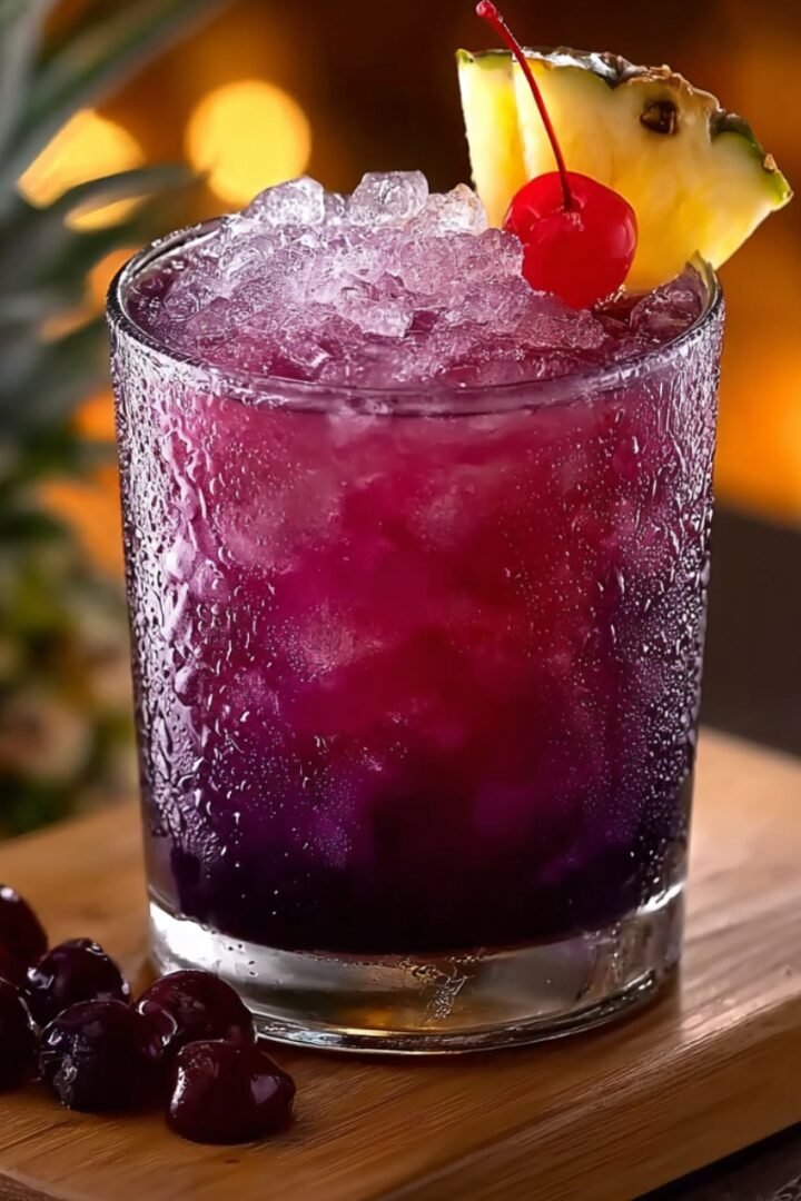 A condensation-covered rocks glass filled with a stunning deep violet and magenta Jamaican Purple Rain cocktail packed with crushed ice, garnished with a bright red maraschino cherry and a fresh pineapple wedge on the rim, placed on a wooden serving board with dark cherries scattered alongside, against a warm golden bokeh background with a blurred pineapple visible behind.