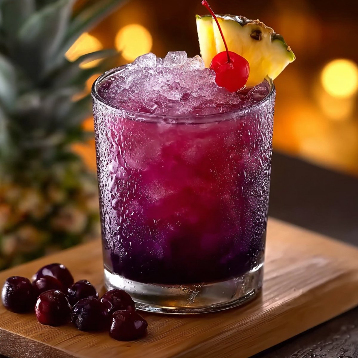 A condensation-covered rocks glass filled with a stunning deep violet and magenta Jamaican Purple Rain cocktail packed with crushed ice, garnished with a bright red maraschino cherry and a fresh pineapple wedge on the rim, placed on a wooden serving board with dark cherries scattered alongside, against a warm golden bokeh background with a blurred pineapple visible behind.