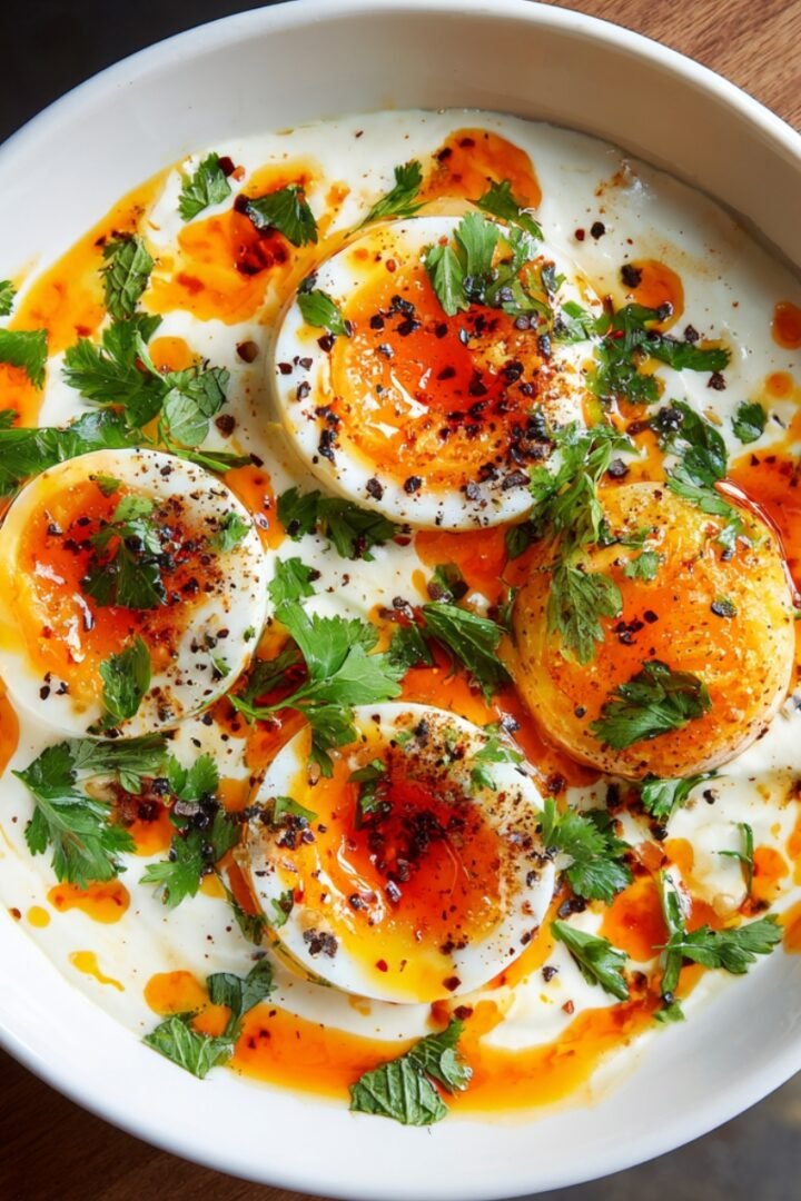 Jammy Eggs with Chili Butter and Garlic Yogurt — soft-boiled eggs on a bed of creamy garlic yogurt, drizzled with vibrant red chili butter and topped with fresh herbs and black pepper.