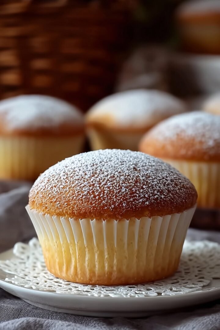 Fluffy Japanese Cotton Cheesecake Cupcakes with golden domed tops dusted with powdered sugar, served in white paper liners on a decorative plate.