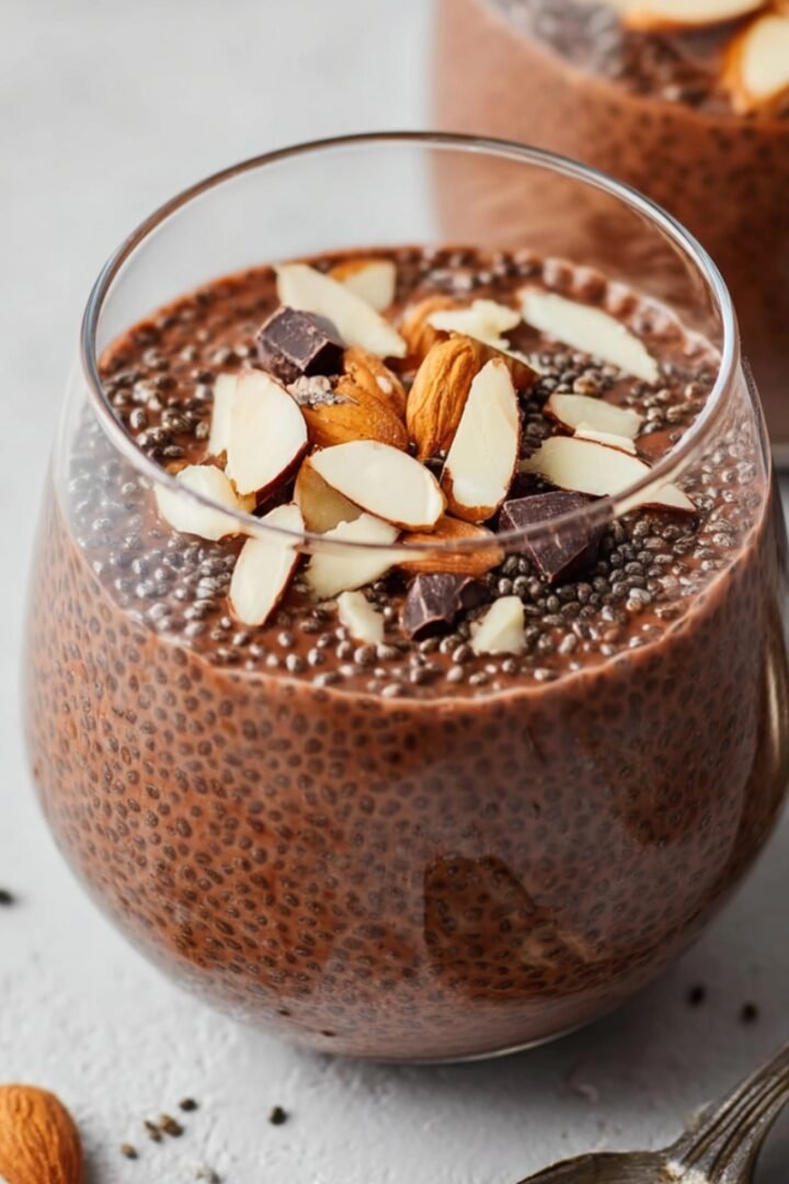 A glass of Keto Chocolate Chia Seed Pudding made with almond milk, topped with sliced almonds and dark chocolate chunks, with a second serving and spoons in the background.