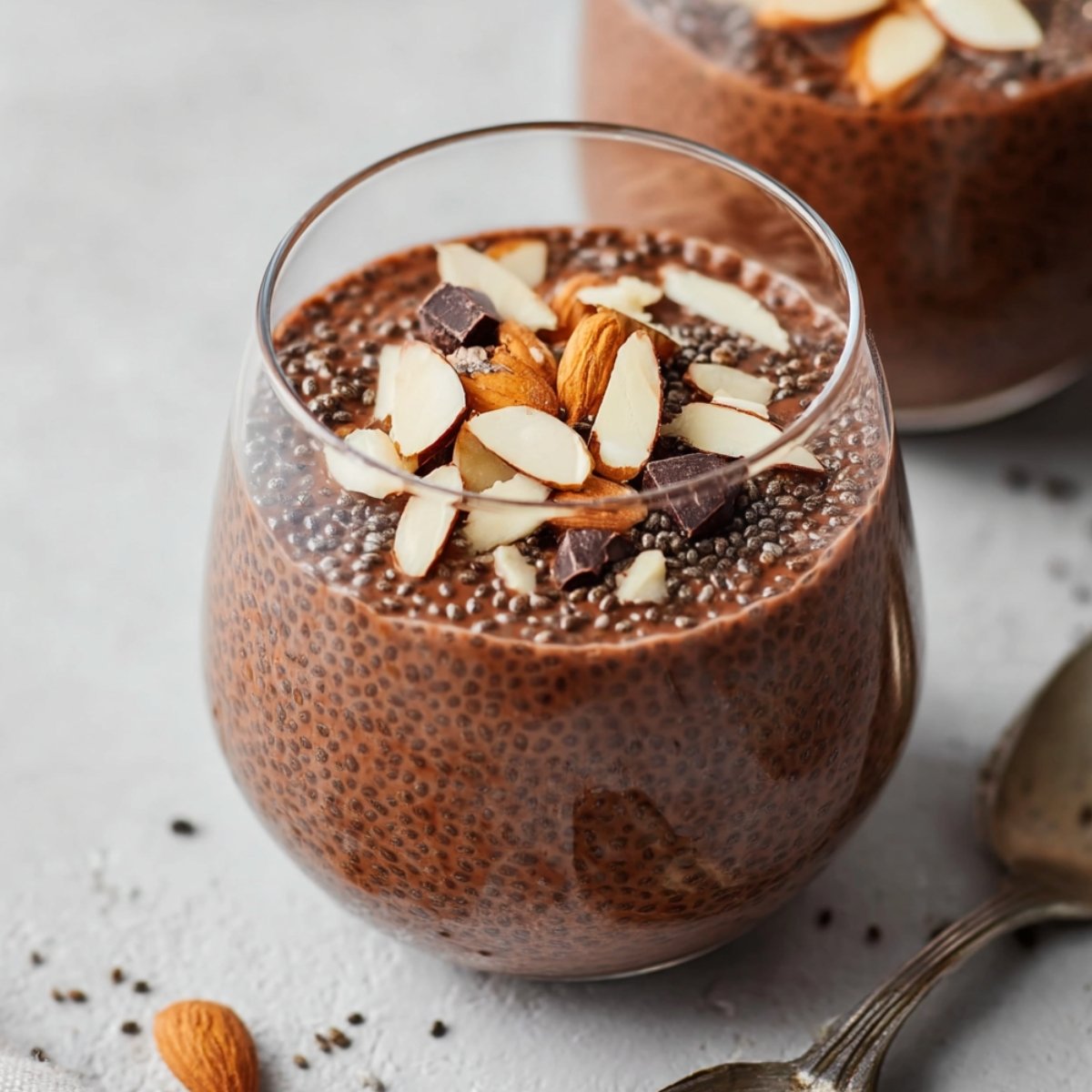 A glass of Keto Chocolate Chia Seed Pudding made with almond milk, topped with sliced almonds and dark chocolate chunks, with a second serving and spoons in the background.