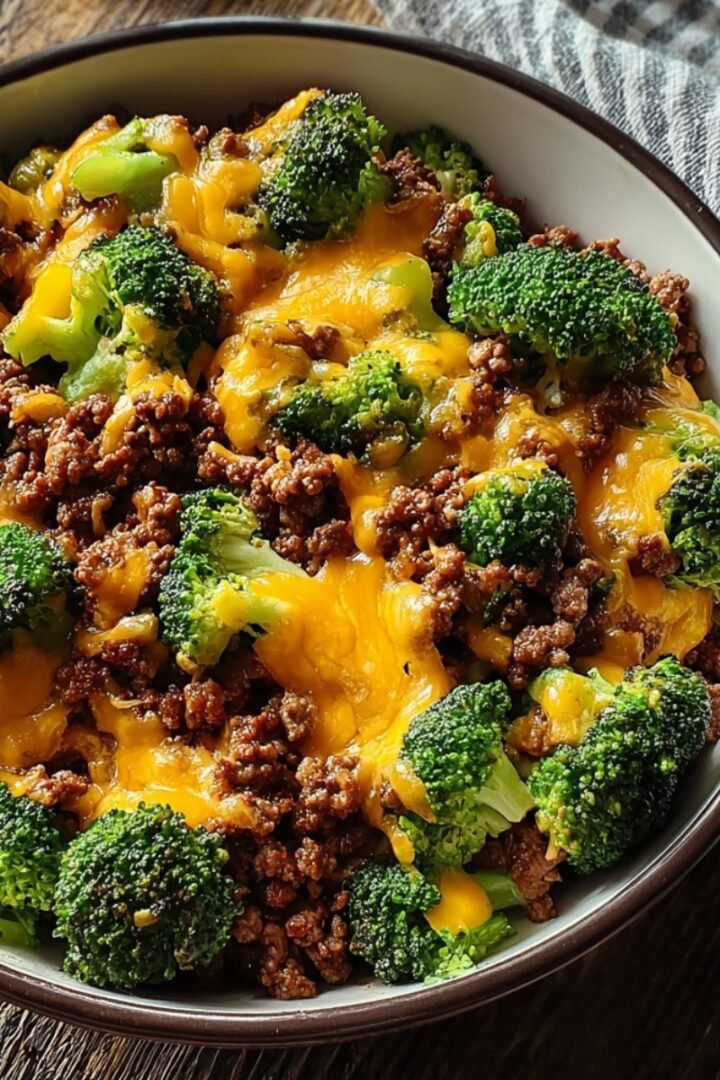 Overhead view of a hearty keto hamburger broccoli skillet served in a wide white bowl with a dark rim, filled with seasoned browned ground beef and bright green broccoli florets smothered in melted golden cheddar cheese, placed on a rustic wooden surface with a gray striped linen napkin alongside.