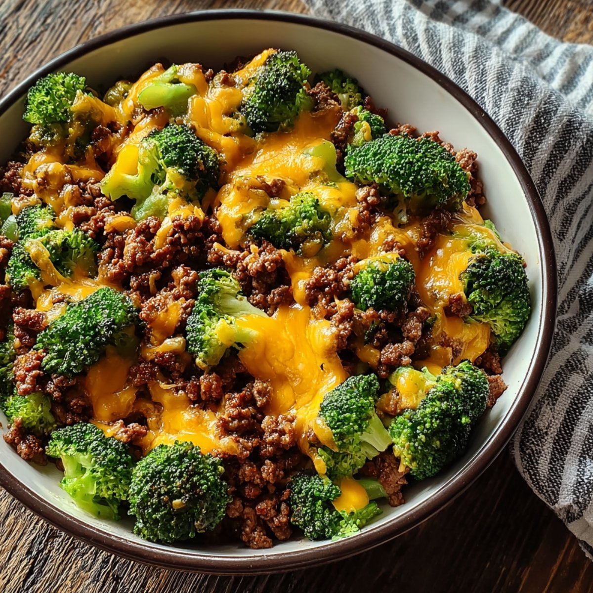 Overhead view of a hearty keto hamburger broccoli skillet served in a wide white bowl with a dark rim, filled with seasoned browned ground beef and bright green broccoli florets smothered in melted golden cheddar cheese, placed on a rustic wooden surface with a gray striped linen napkin alongside.