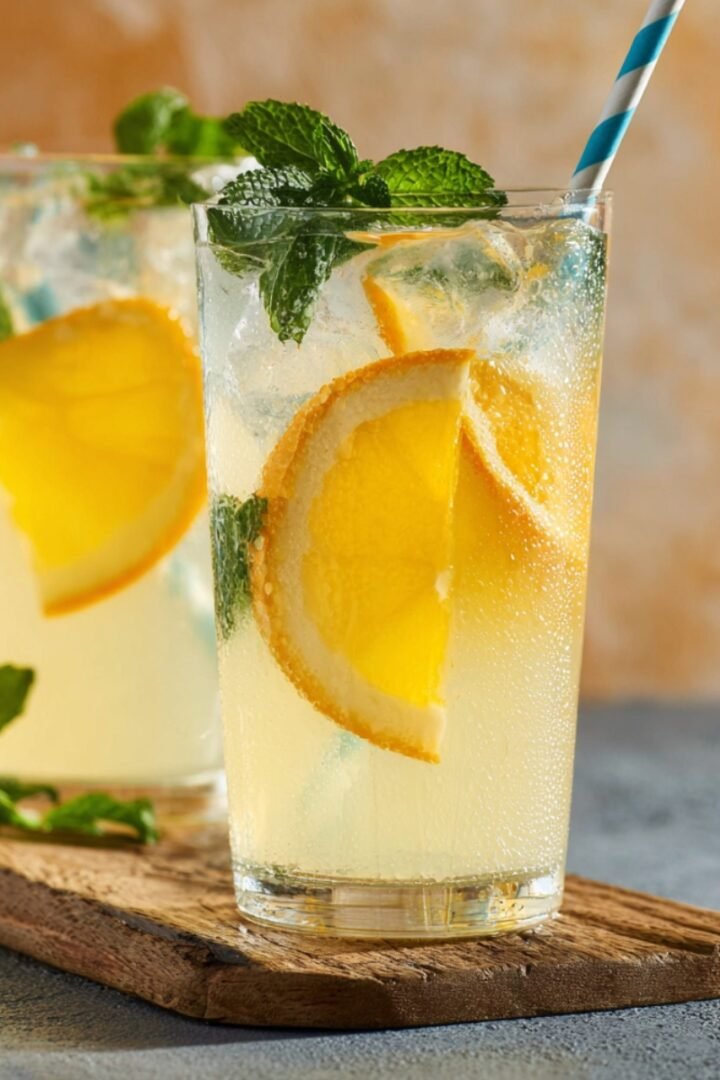 Two glasses of Keto Lemonade filled with ice, lemon slices, and fresh mint, served with blue striped straws on a wooden board.