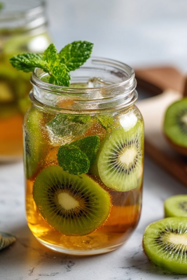 Two glass mason jars filled with golden cold brew green tea, packed with ice, sliced kiwi rounds, and fresh mint leaves, with the foreground jar garnished with a vibrant mint sprig on top, surrounded by fresh kiwi slices and halved kiwis on a wooden board, with a green striped linen napkin on a white marble surface.