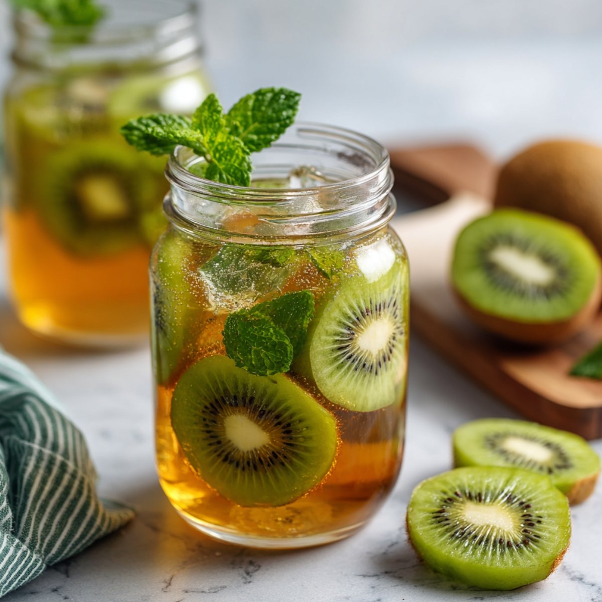 Two glass mason jars filled with golden cold brew green tea, packed with ice, sliced kiwi rounds, and fresh mint leaves, with the foreground jar garnished with a vibrant mint sprig on top, surrounded by fresh kiwi slices and halved kiwis on a wooden board, with a green striped linen napkin on a white marble surface.