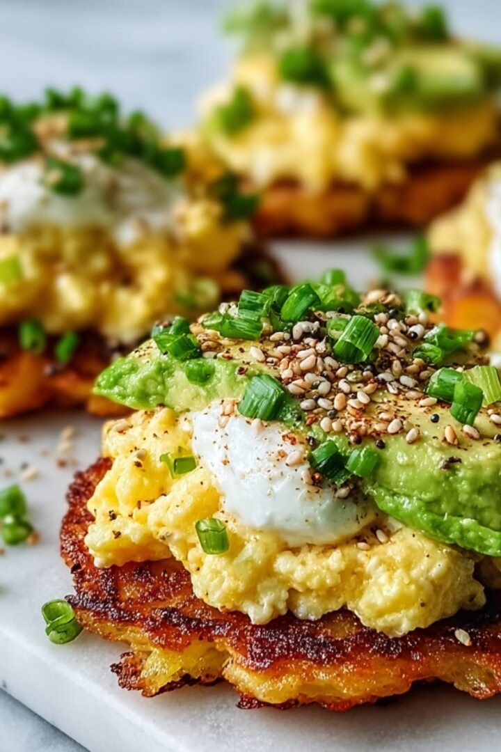 Close-up of stacked loaded breakfast rounds featuring golden crispy hash brown patties layered with fluffy scrambled eggs, a dollop of sour cream, smashed avocado, everything bagel seasoning, and sliced green onions, arranged on a white marble board with additional servings softly blurred in the background against a light gray surface.