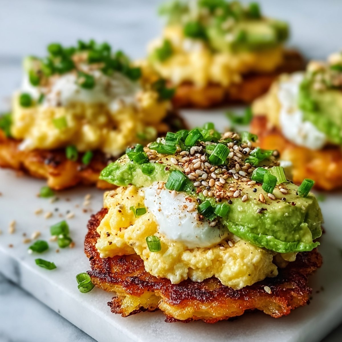 Close-up of stacked loaded breakfast rounds featuring golden crispy hash brown patties layered with fluffy scrambled eggs, a dollop of sour cream, smashed avocado, everything bagel seasoning, and sliced green onions, arranged on a white marble board with additional servings softly blurred in the background against a light gray surface.