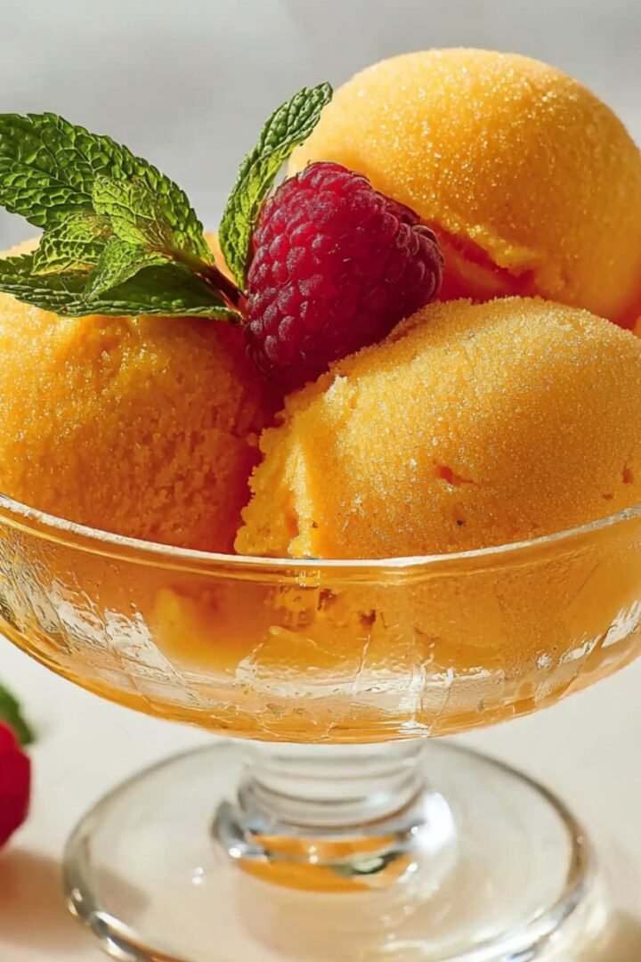 Three scoops of vibrant orange mango sorbet in a glass dessert coupe, garnished with fresh raspberries and mint sprigs, with a raspberry and mint leaves alongside on a light surface.